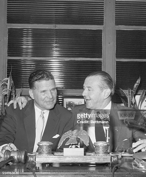 Lane Signed with Cards. St. Louis, Missouri: August Busch, right, president of the St. Louis Cardinals, welcomes Frank Lane to the organization...