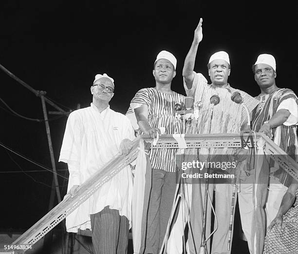 Prime Minister Kwame Nkrumah waves to celebrating crowd here March 6th after the British colony known as the Gold Coast ceased to exist and the...