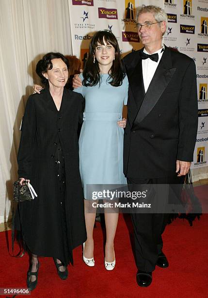 Actress Zooey Deschanel with parents, cinematographer Caleb and actress Mary Jo Deschanel, arrive at The Hollywood Awards Gala at the Beverly Hilton...