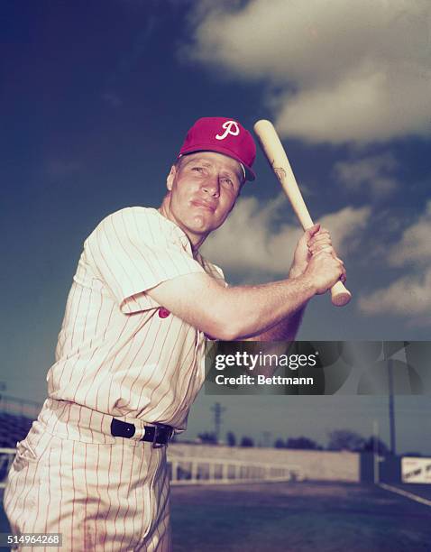 Closeup of Philadelphia Phillies baseball player Richie Ashburn in batting action.