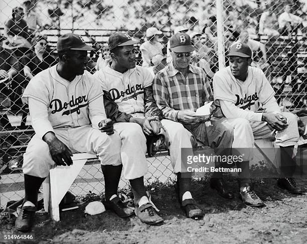 Brooklyn Dodgers are shown at Spring Training with left to right--second baseman Jackie Robinson, pitcher Don Newcombe, Manager Burt Shotten, and...