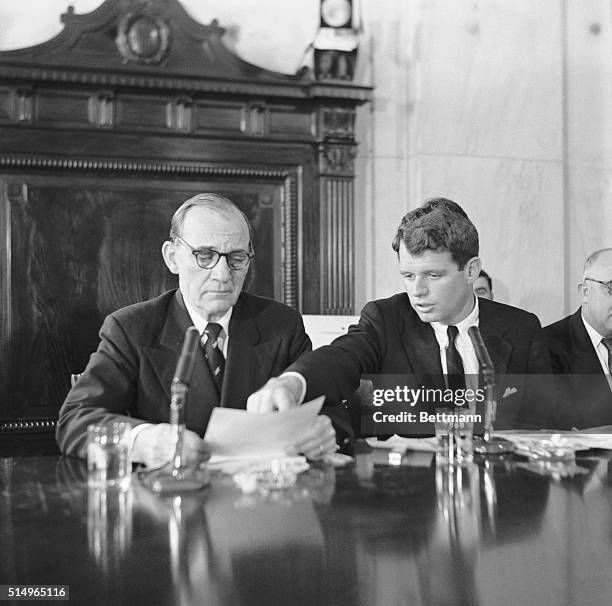 Shown at Hearings. Washington: Senator John McClellan, left, Chairman of the Senate Labors Rackets Committee, and the committee's chief counsel...