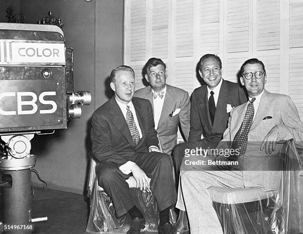 Media executives gather to inaugurate CBS's color television broadcast. From left to right are: Frank Stanton, president of CBS; Arthur Godfrey,...