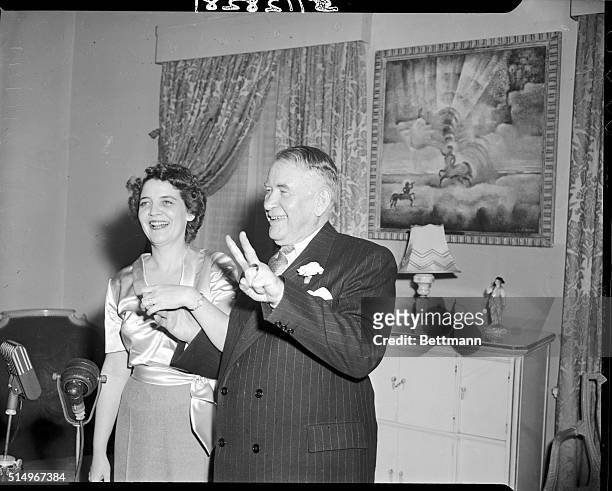 In this "after the wedding" picture of Vice-President Alben Barkley and his bride 38-year-old former Jane Rucker Hadley, the bride smilingly displays...