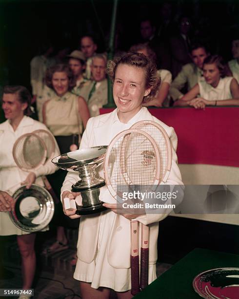 Forest Hills, Queens: Maureen "Little Mo" Connolly, after winning U. S. Women's singles tennis championships at Forest Hills.Her win over Doris Hart...