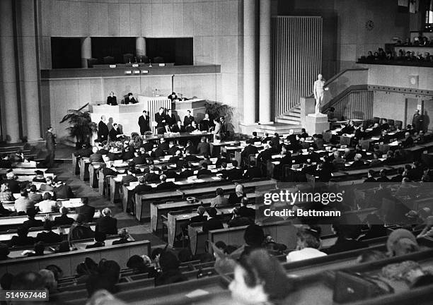 Lausanne, Switzerland- A general view of the chamber during the signing of the Geneva Conventions drawn up in diplomatic conferences last year...