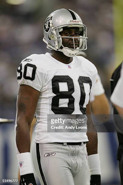 Wide receiver Jerry Rice of the Oakland Raiders walks on the field during the game against the Indianapolis Colts at the RCA Dome on October 10, 2004...