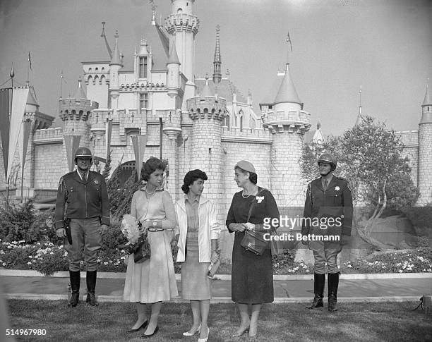 Flanked by members of the California Highway Patrol Princess Sophie of Greece is greeted by actress Annette Funicello as the Princess arrives for a...