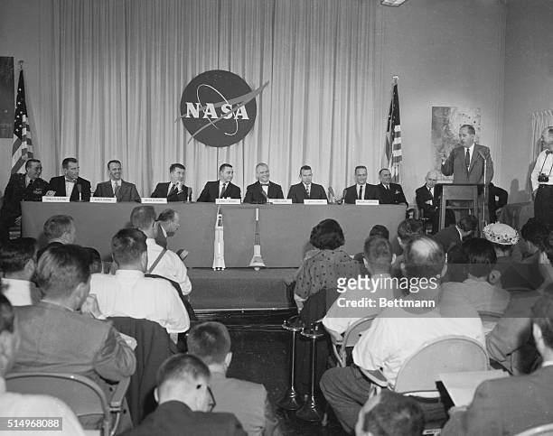 Spacemen's Press Conference. Washington: General view of the press conference today NASA at which the seven test pilots chosen to train for the honor...