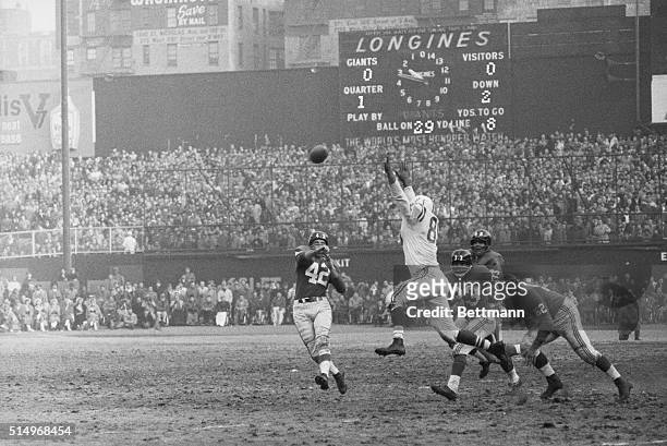 New York Giants' Charley Conerly gets pass off as Baltimore Colts' Gino Marchetti tries to stop it during pro football title game at Yankee Stadium....