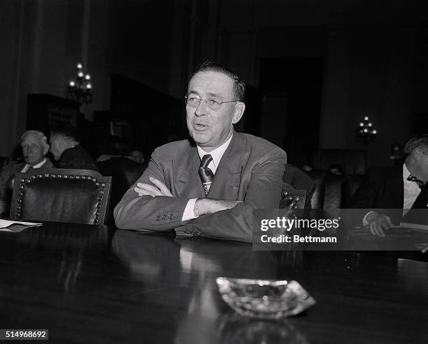 Philip K. Wrigley, owner of the Chicago Cubs and the Los Angeles Angels baseball team, is shown as he testified today before a house monopoly...