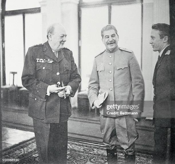 President Roosevelt, Prime Minister Churchill and Marshal Stalin met at Yalta in the Crimea. Photograph was taken at the Livadia Palace where the...