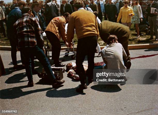 Kent State University students demonstrate to protest the widening of the war in Souteast Asia. National Guardsmen open fire on the 1,000 students...