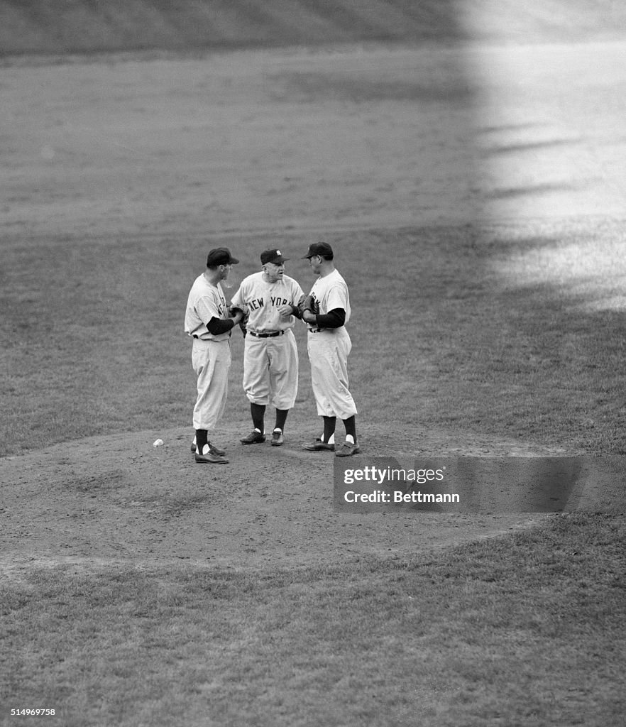 Allie Reynolds, Casey Stengel and Vic Raschi In Conference at the Mound