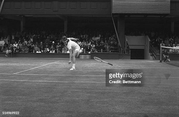 John McEnroe the 18-year-old unseeded American looses his racket during his long match against Phil Dent whom he defeated 6-4, 8-9, 4-6, 6-3, 6-4, to...