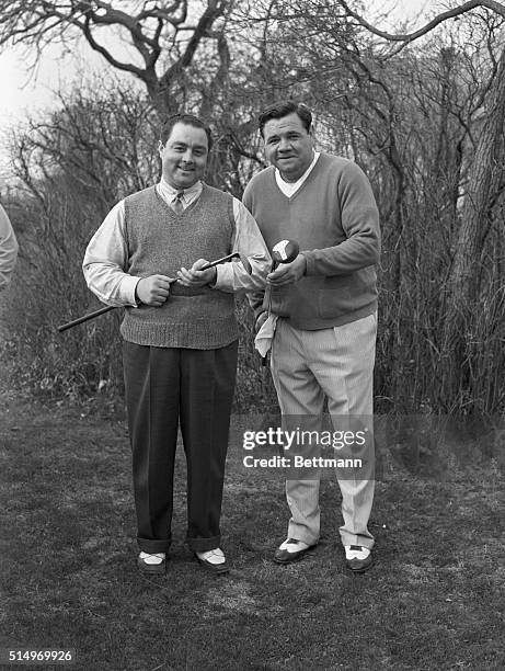 John Montague , Hollywood golf wizard, and Babe Ruth, former king of the baseball sluggers, are pictured at the Fresh Meadow Country Club, Bayside,...