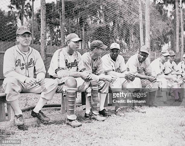 Jackie Robinson, first Negro player to be signed by a major league ball club and Johnny Wright, another Negro player are pictured with other members...