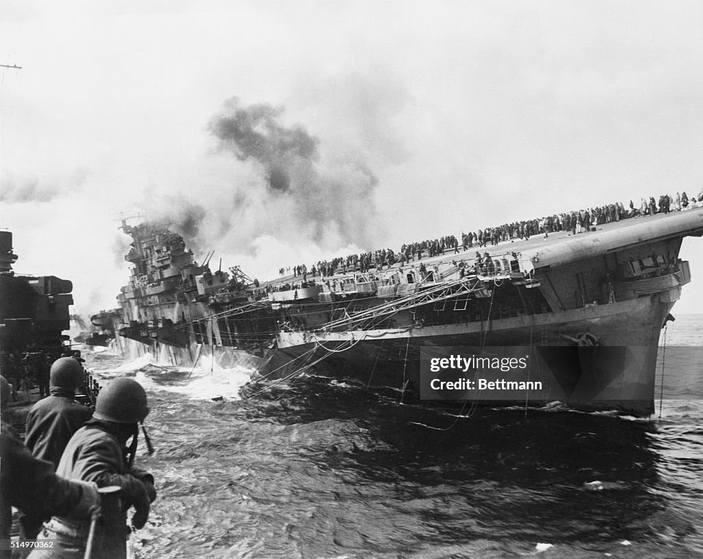 Sailors Watch the USS Franklin Burning 1945
