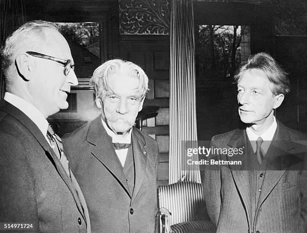 Dr. Albert Schweitzer , in Oslo to deliver his acceptance speech for the 1953 Nobel Peace Prize, chats with Norwegian Foreign Minister Halvard Lange...