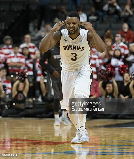 Marcus Posley of the St. Bonaventure Bonnies reacts in the game against the Davidson Wildcats in the quarterfinals round of the men's Atlantic 10...