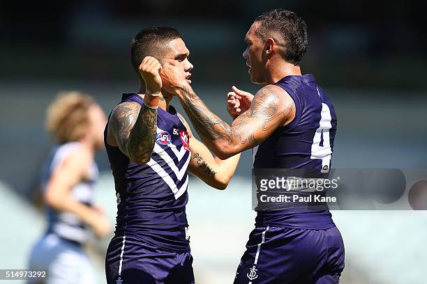 Michael Walters and Harley Bennell of the Dockers celebrates a goal during the NAB Challenge match between the Fremantle Dockers and the Geelong Cats...
