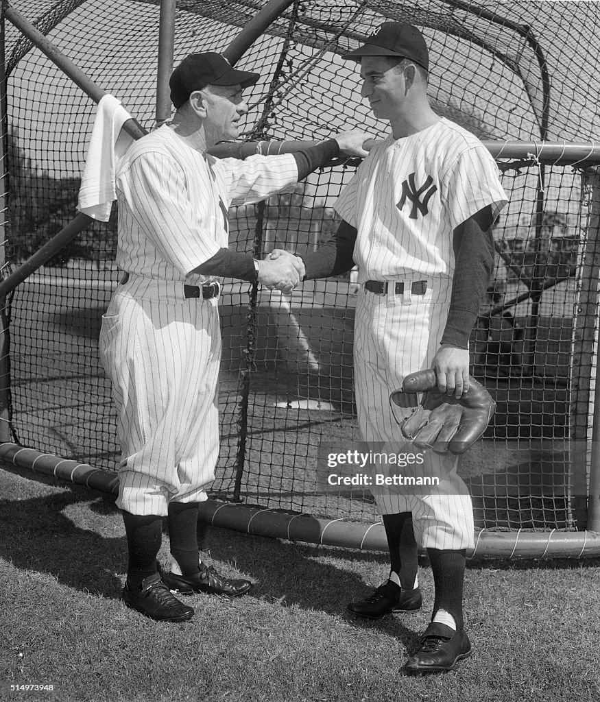 Casey Stengel Shaking Hands with Tommy Byrne