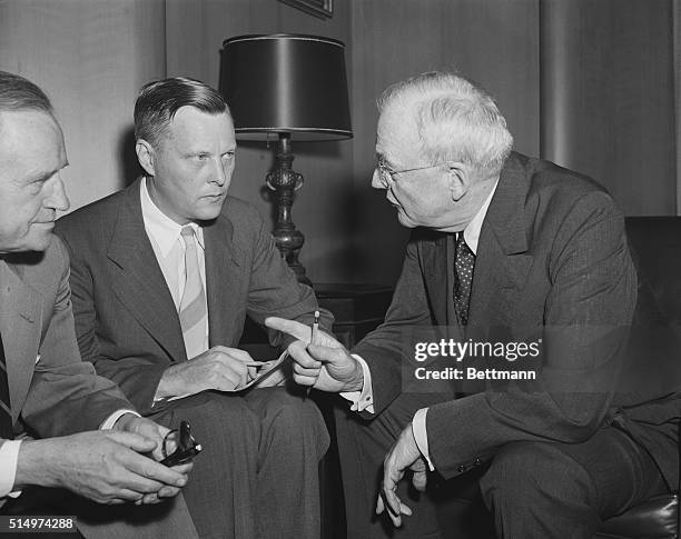 Alexis Johnson, U.S. Ambassador to Czechoslovakia, speaks with Secretary of State John Foster Dulles regarding the U.S. Role in talks with China at...