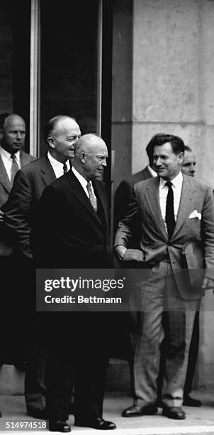 President Eisenhower , followed by Harold E. Stassen, his special assistant on disarmament, leaves the Palais des Nations after the fourth day of Big...