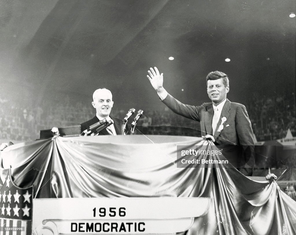 Senator John F Kennedy Waving to Crowd