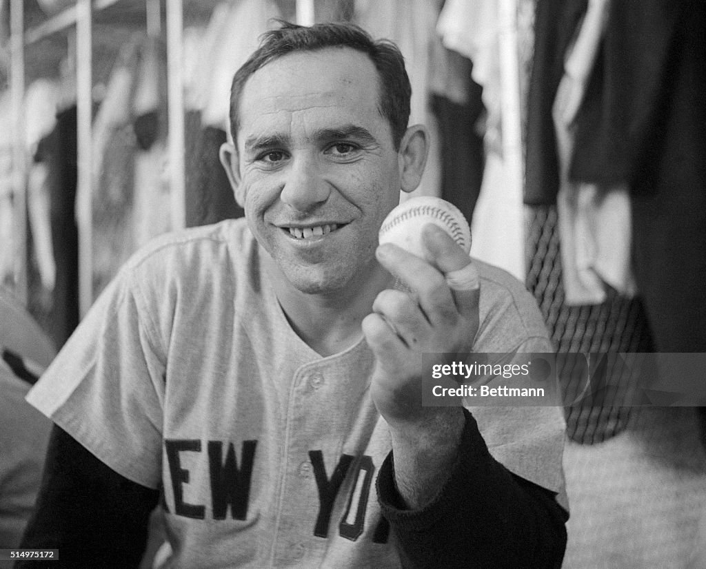 Yogi Berra Holding Home Run Record Setting Baseball