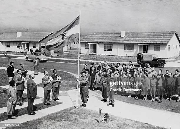 Free Hungarian Flag Raised in Melbourne, Australia: The flag of free Hungary is raised by an Australian Honor Guard at Olympic Village here, as...