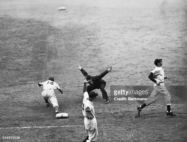 The Yankees hopes were raised when Yankee Clipper, Joe DiMaggio managed to beat out his hit to Jorgensen to reach first base safely in the Yankee...