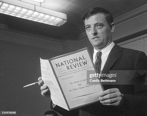 Magazine editor William F. Buckley, Jr., editor of the National Review, holds a copy of the magazine as he makes a statement on the steps of the U.S....