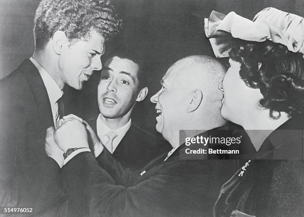 Moscow, USSR: Soviet Premier Nikita Khrushchev congratulates Van Cliburn American pianist who won the International Tchaikovsky Piano Competition...