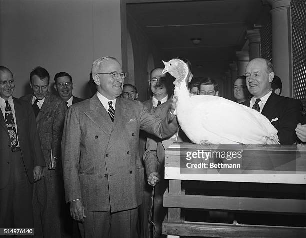 Washington, DC- President Truman is shown as he received the first of a number of turkeys which are presented to him annually for Thanksgiving. The...