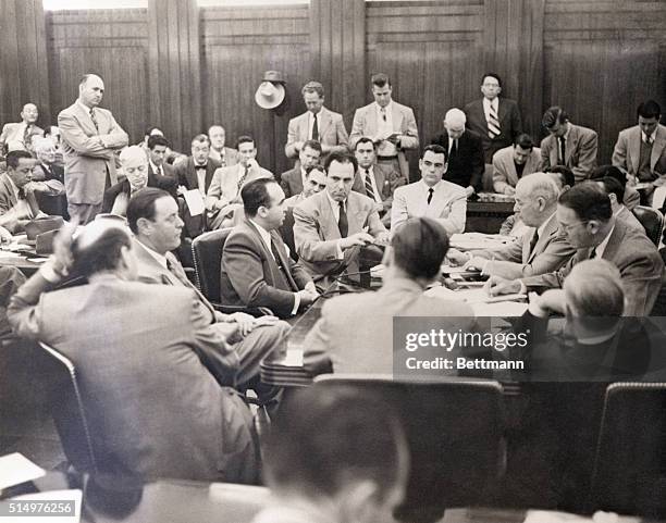 Los Angeles, CA- Mickey Cohen is shown before the Senate Crime Committee.