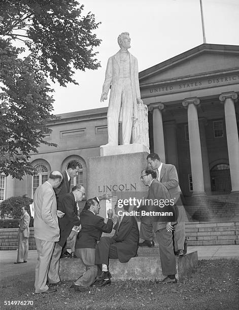 Washington, D. C.: Members Of "Hollywood Ten" Sign Peace Petition. Seven of the "Hollywood Ten," the movie writers facing jail for contempt of...