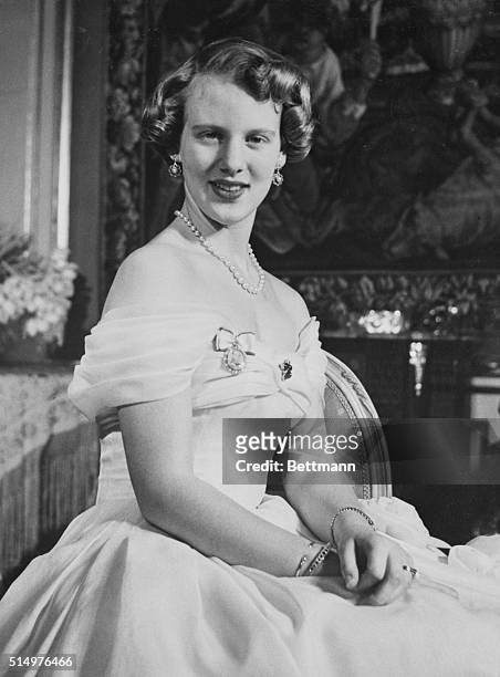 Danish Princess. Copenhagen, Denmark: Wearing an off-the-shoulder gown, Princess Margrethe of Denmark poses for an official photograph. The princess...