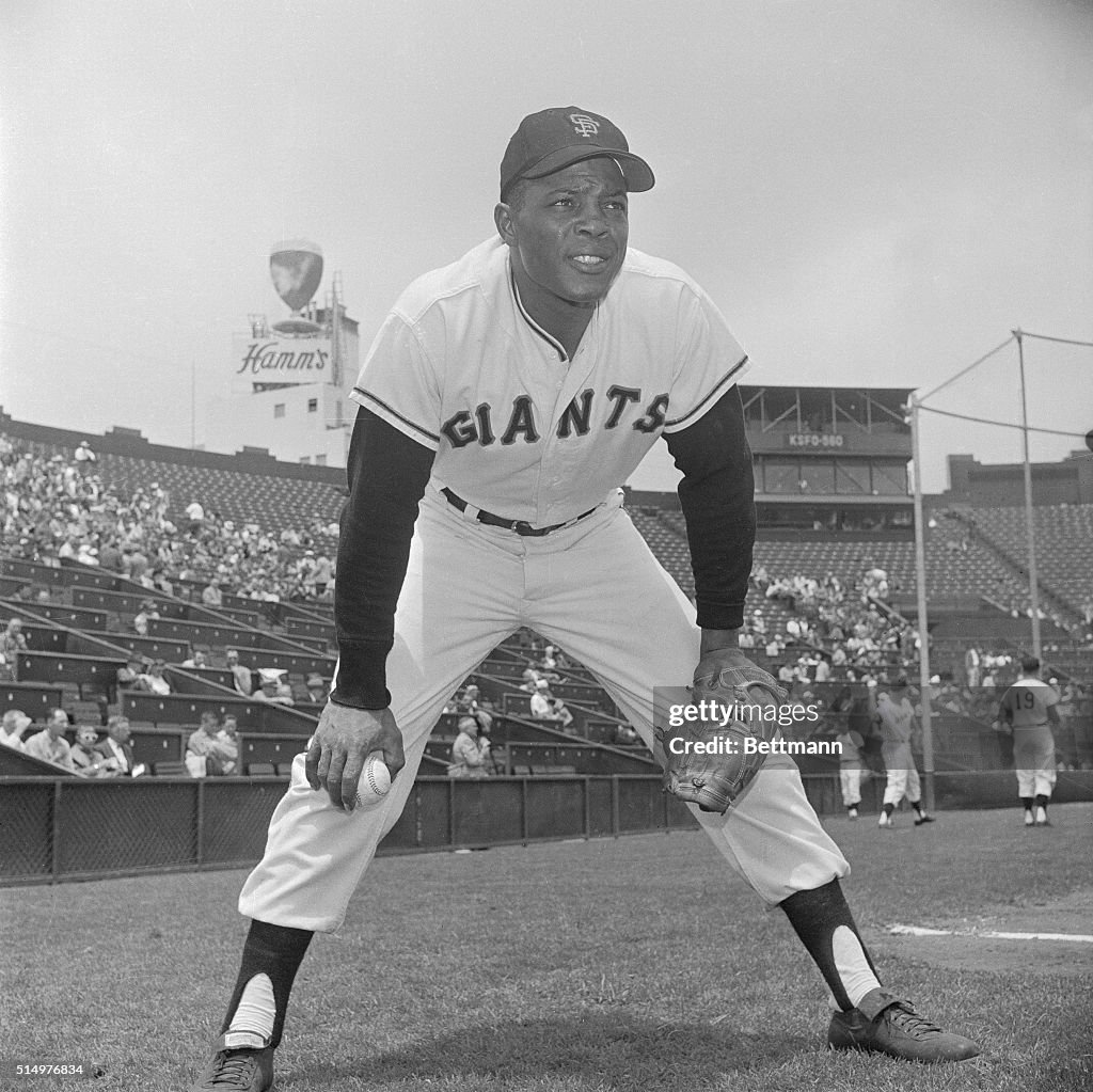 Portrait of Willie Mays Standing with Legs in Position for Play