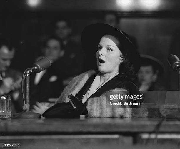 Virginia Hill, girlfriend of Las Vegas mobster Ben "Bugsy' Siegel, testifies before the Kefauver organized crime hearings in New York.