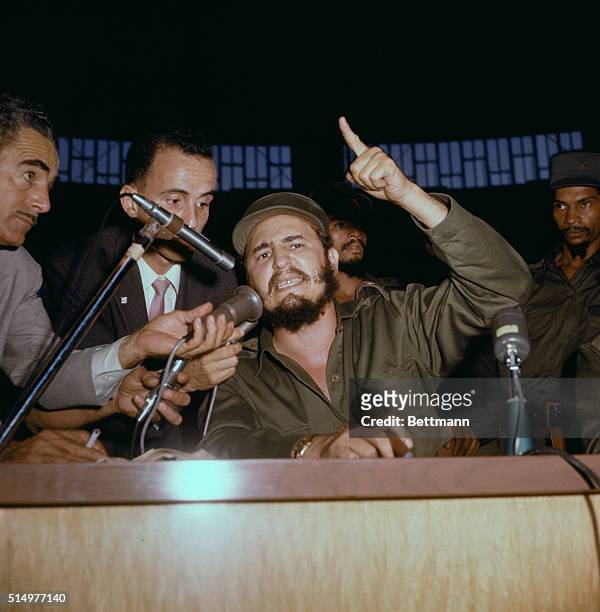 Fidel Castro, leader of Cuban rebel forces shown here speaking.