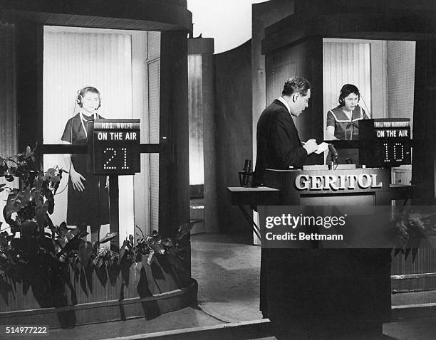 New York, New York: Picture shows Elfrida Van Nardroff, the largest quiz show money winner, competing on the set of the show Twenty-One, with another...