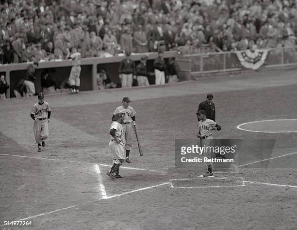 October 12,1951- New York..Giants center-fielder Willie Mays tallies in the fifth inning to tie the score at one-all in the sixth World Series game....