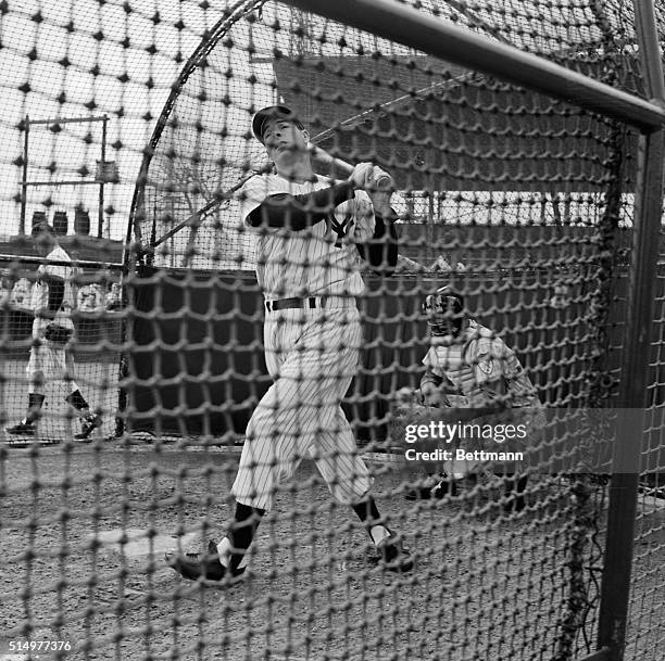 The wire of the batting cage makes a neat checkered pattern for Joe DiMaggio as the Yankee Clipper takes a healthy swipe at the ball during practice...