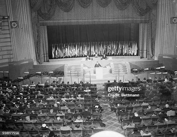 San Francisco, CA- This general view of the War Memorial Opera House in San Francisco shows Russia's Andrei Gromyko when he took the rostrum and...