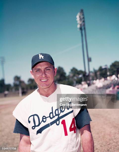 Gil Hodges, first baseman for the Los Angeles Dodgers, at spring training camp in Florida.
