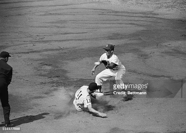 Luis Apariclo, Sox ss, steals second in the first inning after getting on base with a walk. John Roseboro's throw to Maury Wills was late. Note ball...