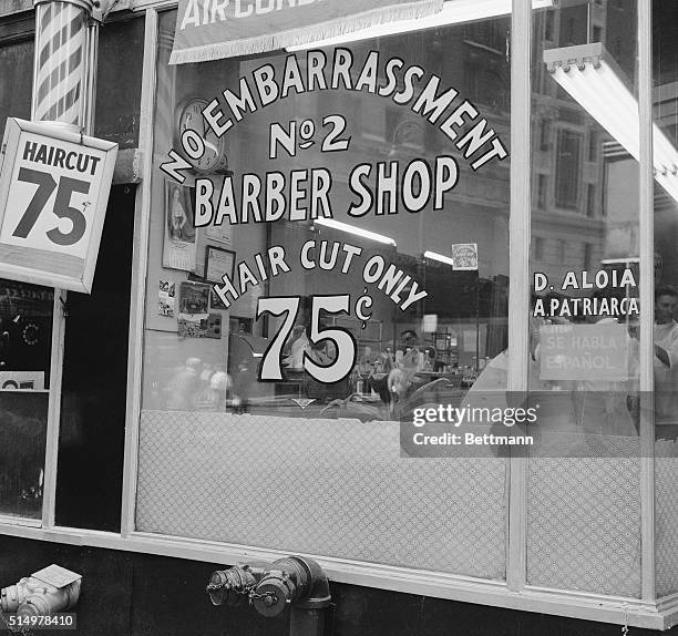 New York: Signs Of Laughter. The "No Embarrassment No. 2" barber shop proudly advertises "hair cut only" for a mere 75 cents. Since the shop has no...