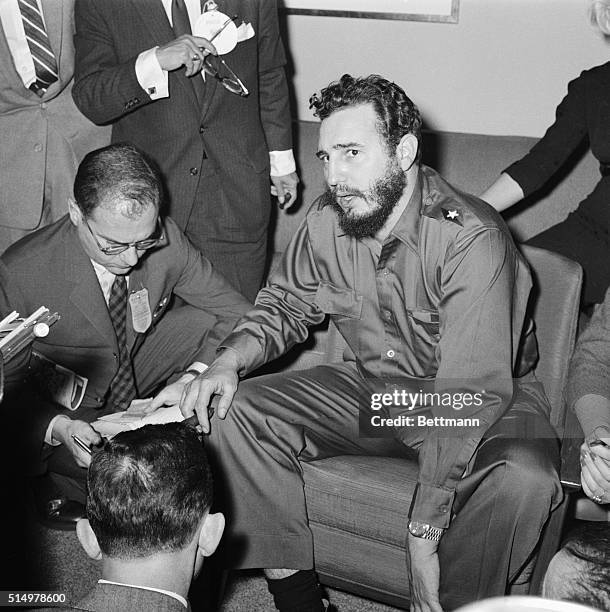 This photo shows Cuban Premier Fidel Castro where he used gestures to emphasize his points during a press conference in the Hotel Statler. Earlier,...