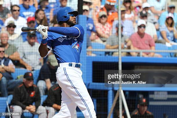 Domonic Brown of the Toronto Blue Jays during the game against the Baltimore Orioles at Florida Auto Exchange Stadium on March 4, 2016 in Dunedin,...
